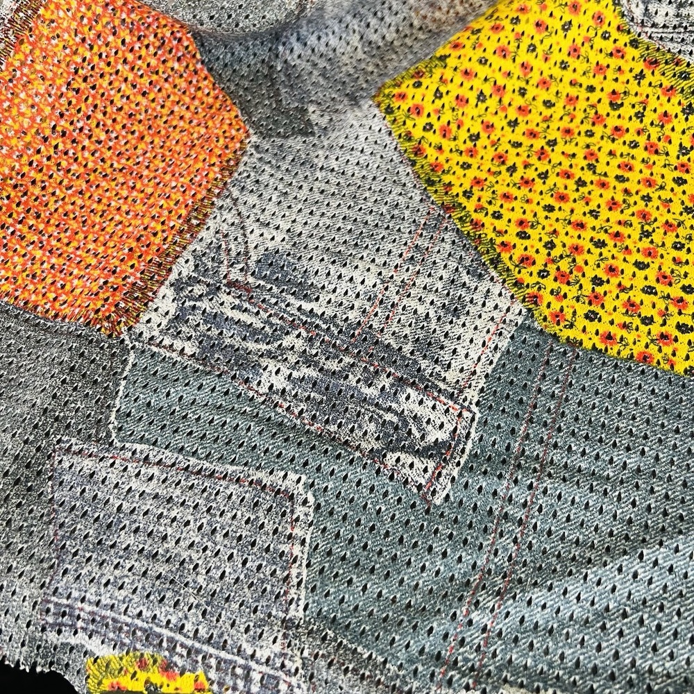Vintage Patchwork Look Mesh Fabric Approx 118x60" Colorful Floral Denim Print